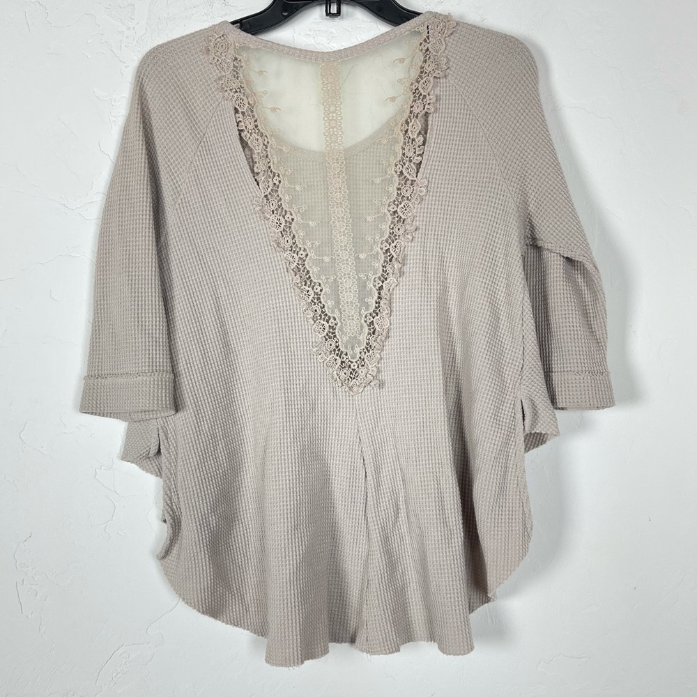 Free People‎ Shirt Waffle Knit Henley Top Lace Tan - Picture 2 of 8